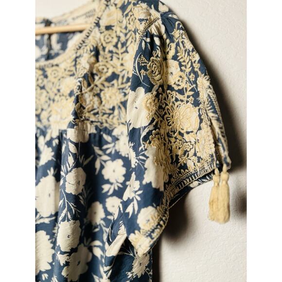 Savanna Jane 2X Embroidered Boho Peasant Top Blue Floral Tassel Sleeve Tunic - Picture 2 of 13